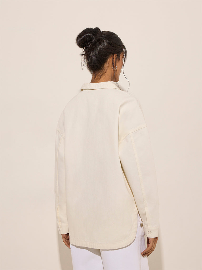 Westside LOV Women's Off-White Solid Cotton Jacket for Casual Wear Casual Wear Back View