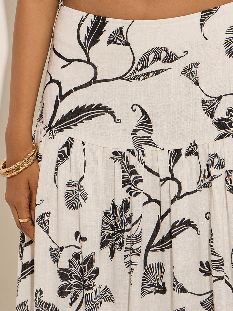 LOV White Floral Design High-Rise Cotton Skirt