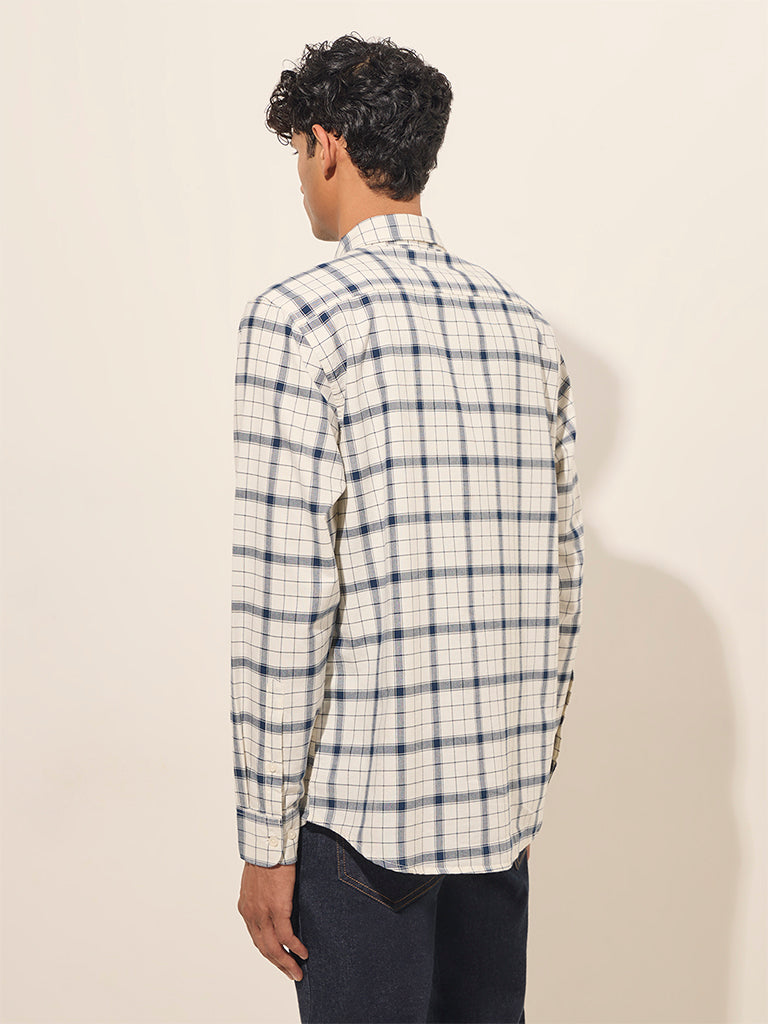 Westside WES Casuals Men's White Checkered Relaxed-Fit Cotton Shirt for Casual Wear Back View
