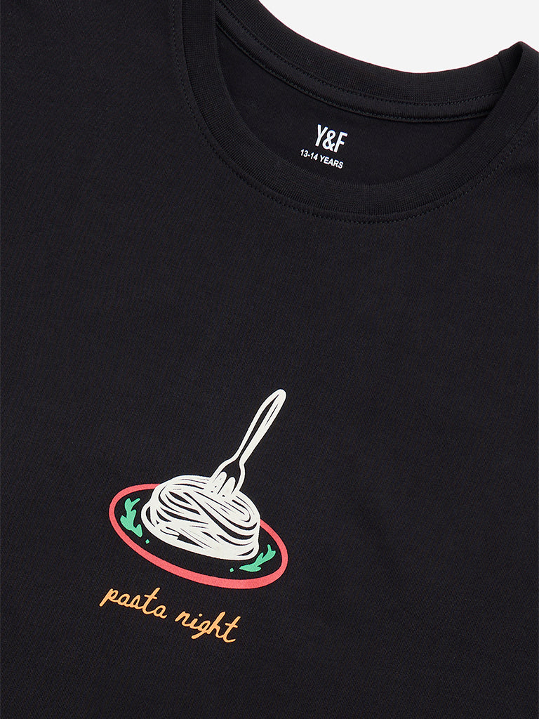 Westside Y&F Girl's Black Printed Cotton T-Shirt for Casual Wear Zoomed View