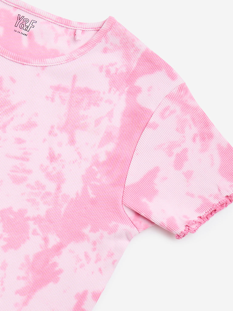 Westside Y&F Girl's Pink Tie-Dye Design Cotton-Blend T-Shirt for Casual Wear Zoomed View