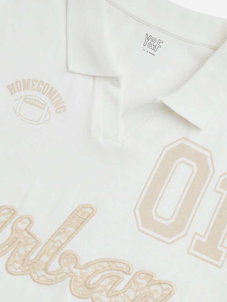 Westside Y&F Girl's White Text Embroidered Cotton Crop T-Shirt for Casual Wear Zoomed View