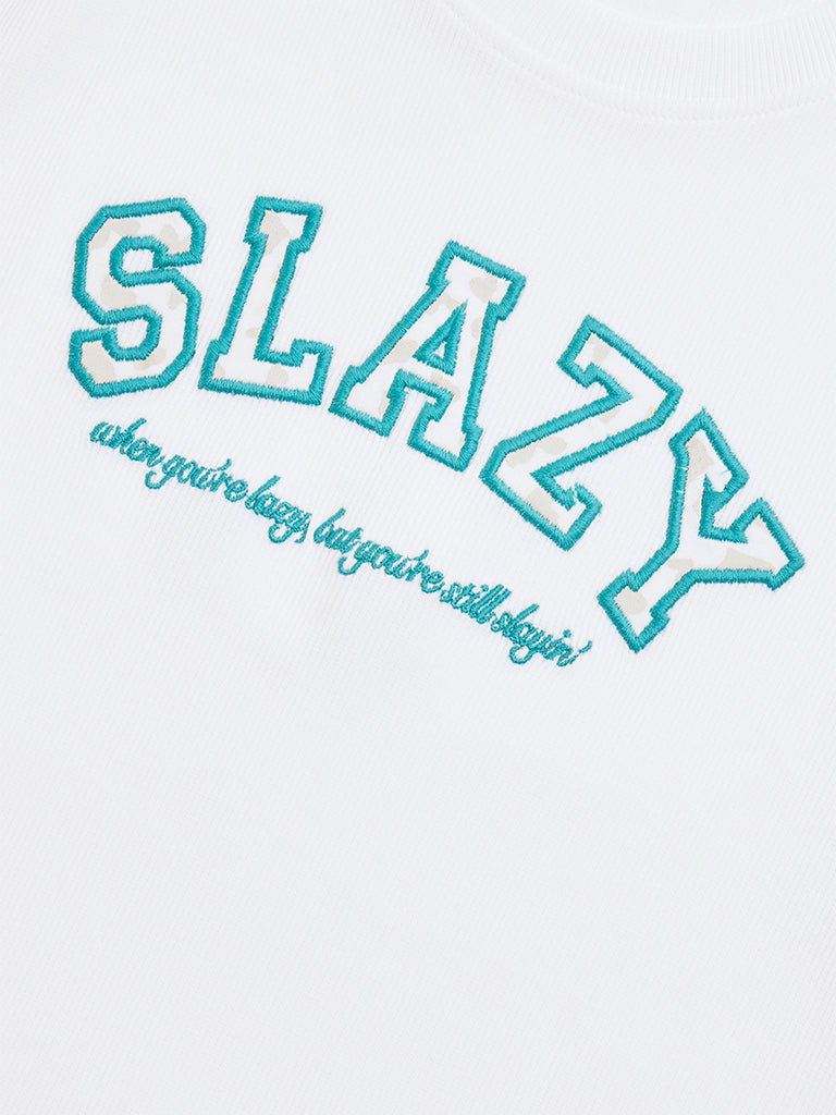 Westside Y&F Girl's White Text Detailed Cotton-Blend T-Shirt for Casual Wear Zoomed View