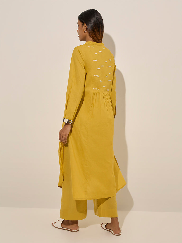 Westside Utsa Women's Mustard Embroidered A-Line Cotton Kurta for Work Wear Back View