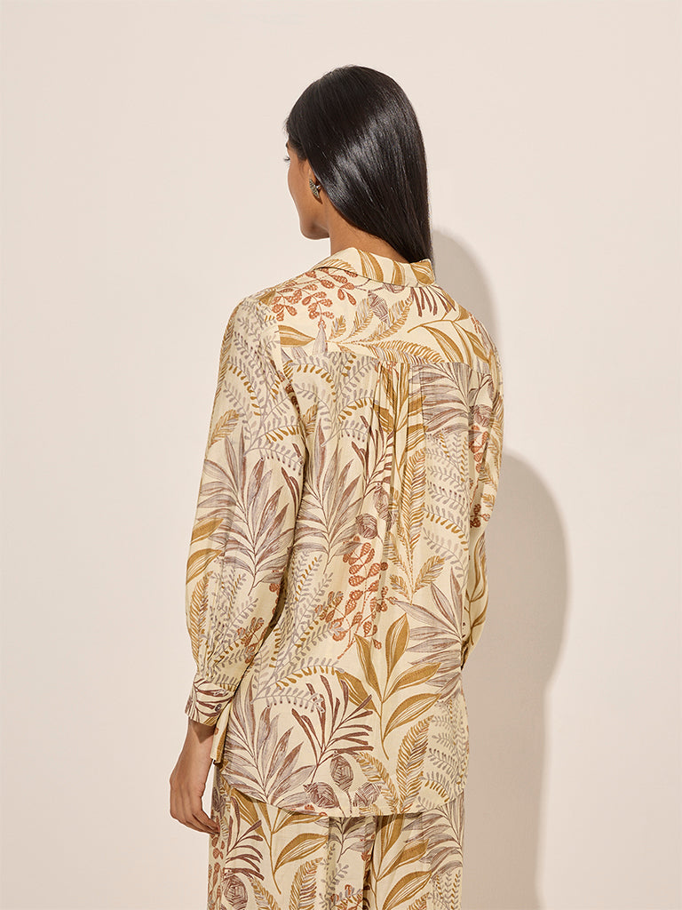 Westside Utsa Women's Beige Botanical Printed Cotton Tunic for Work Wear Back View