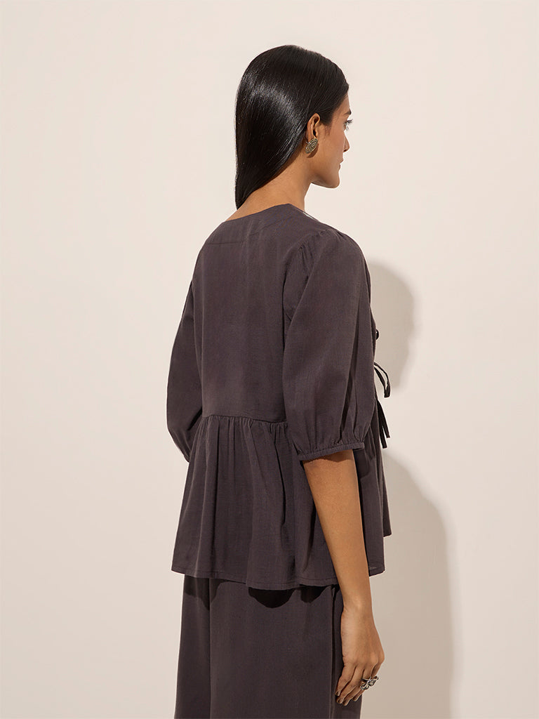 Westside Utsa Women's Black Floral Embroidered Knot-Detailed Cotton Top for Work Wear Back View