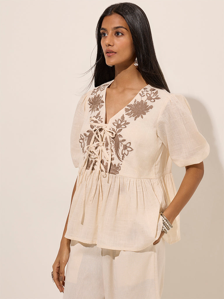 Utsa Ivory Floral Embroidered Knot-Detailed Cotton Top