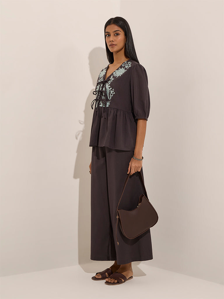 Utsa Black Solid Cotton Pants