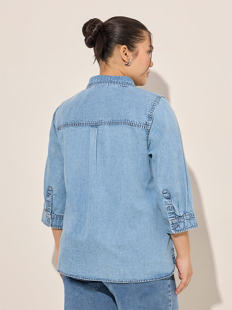 Westside Gia Women's Light Blue Denim Shirt for Casual Wear Back View