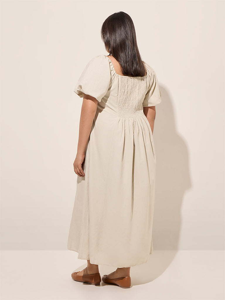 Westside Gia Women's Beige Solid A-Line Dress for Casual Wear Back View