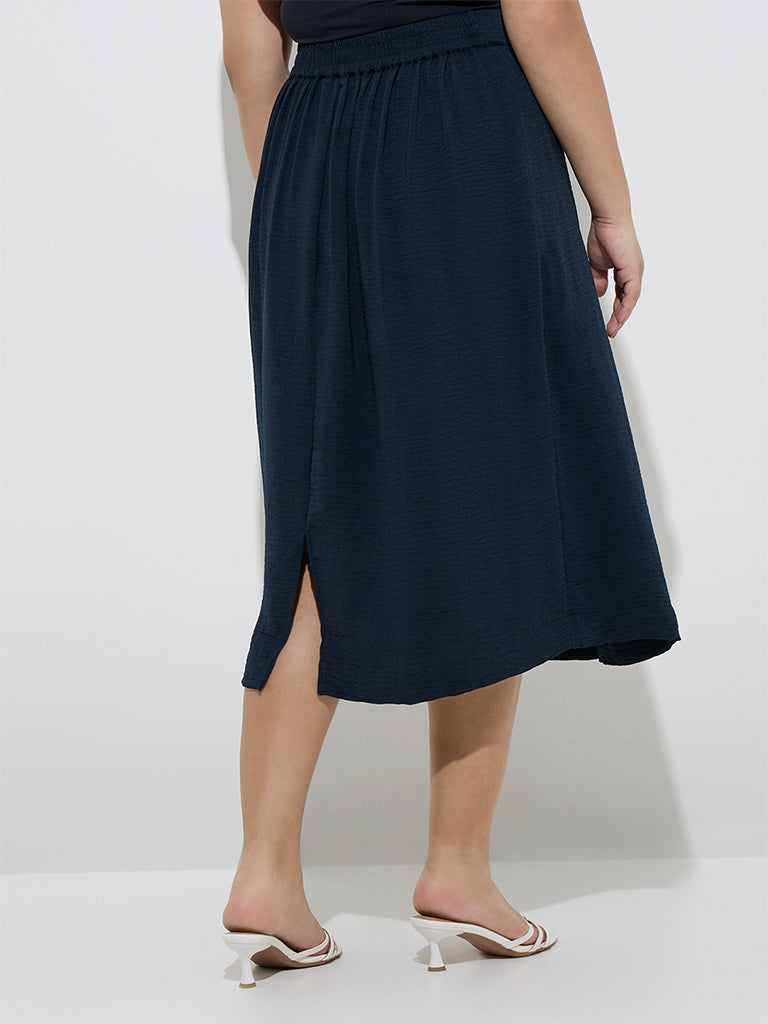 Westside Gia Women's Navy Crinkle-Textured High-Rise Skirt for Casual Wear Casual Wear Back View