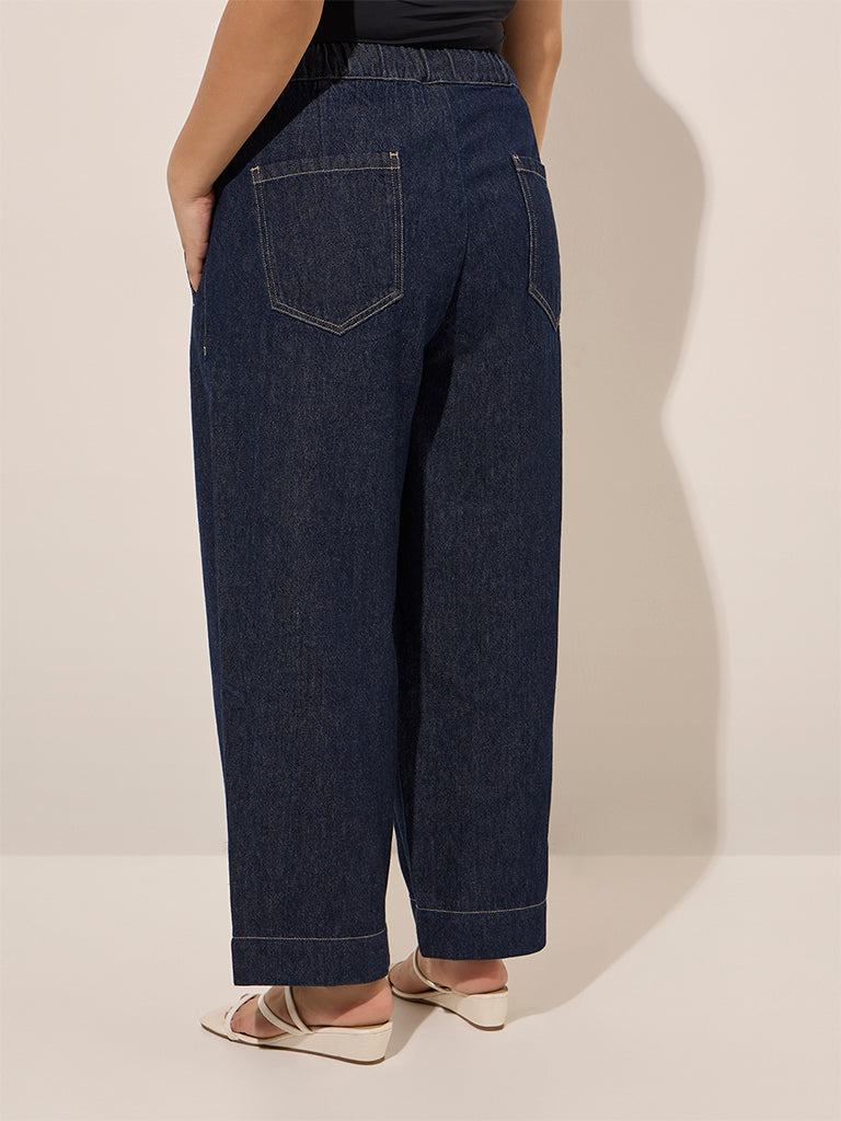 Westside Gia Women's Dark Blue High-Rise Wide-Leg Cotton Trousers for Casual Wear Casual Wear Back View