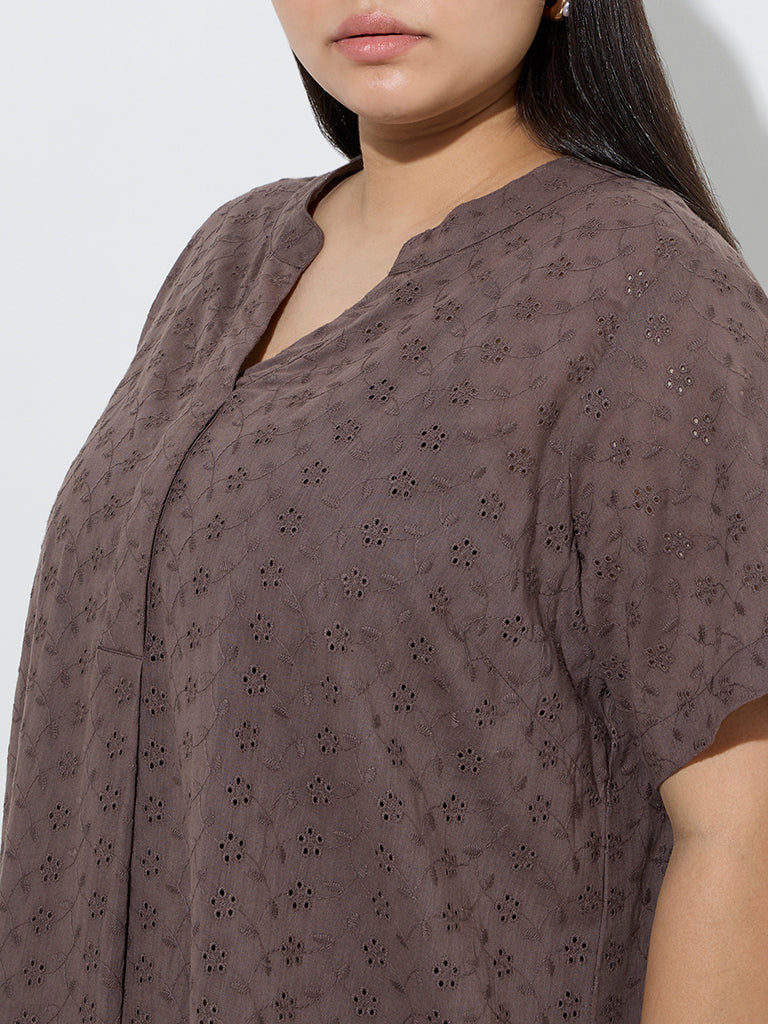 Diza Dark Brown Schiffli Design High-Low Cotton Kurta