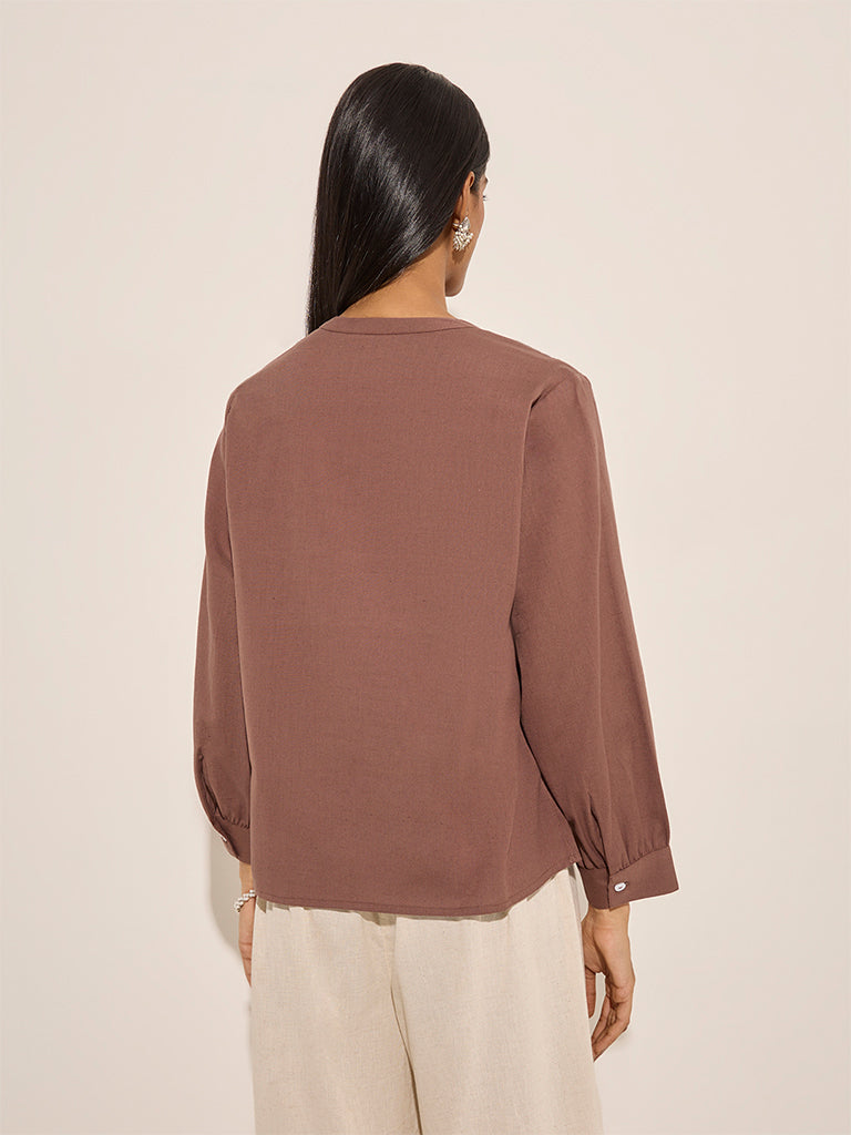 Westside Utsa Women's Brown Floral Embroidered Cotton-Blend Tunic for Work Wear Back View