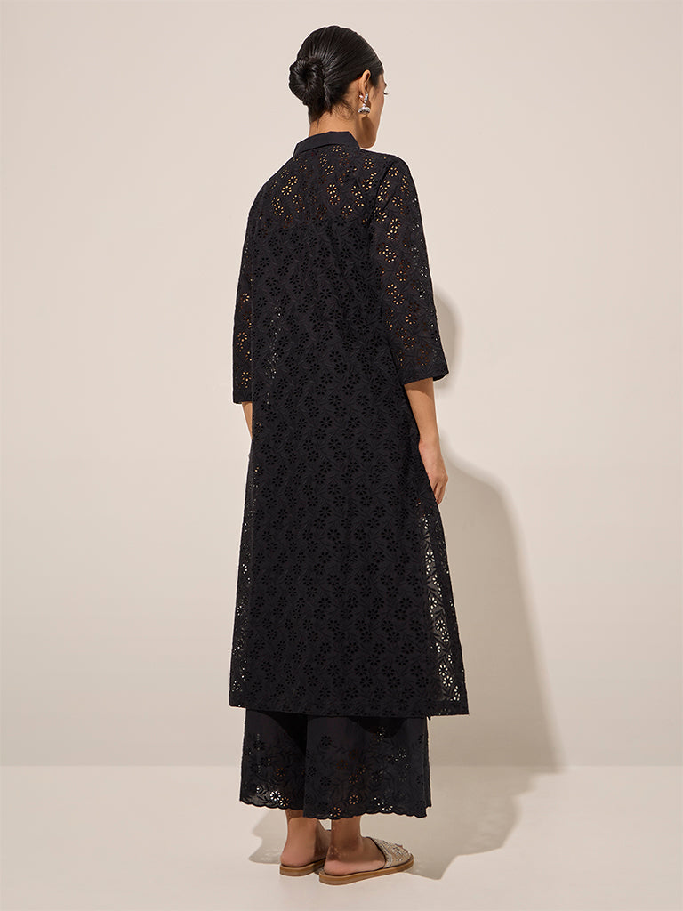 Westside Zuba Women's Black Floral Cut-Out Detailed A-Line Cotton Kurta for Work Wear Back View