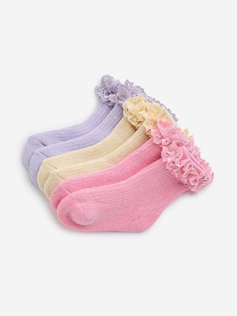 HOP Baby Multicolour Ruffled Cotton-Blend Socks - Pack of 3