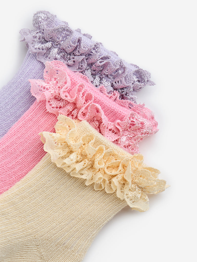 HOP Baby Multicolour Ruffled Cotton-Blend Socks - Pack of 3