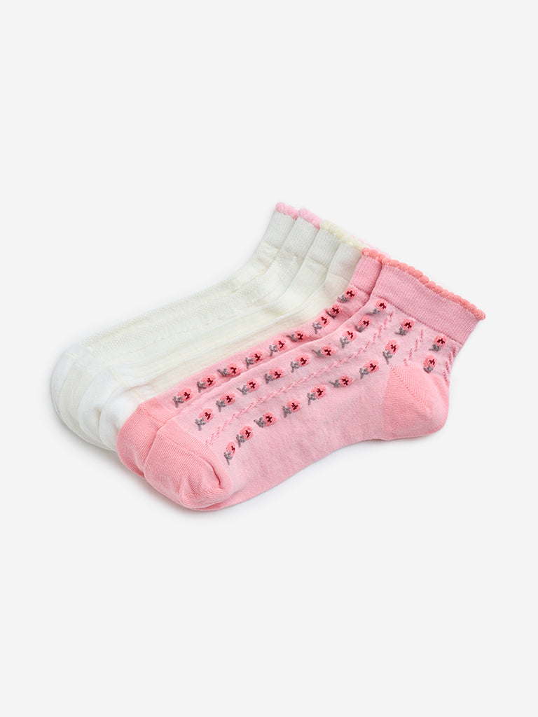 Y&F Kids Pink Floral Embroidered Cotton-Blend Socks - Pack of 3