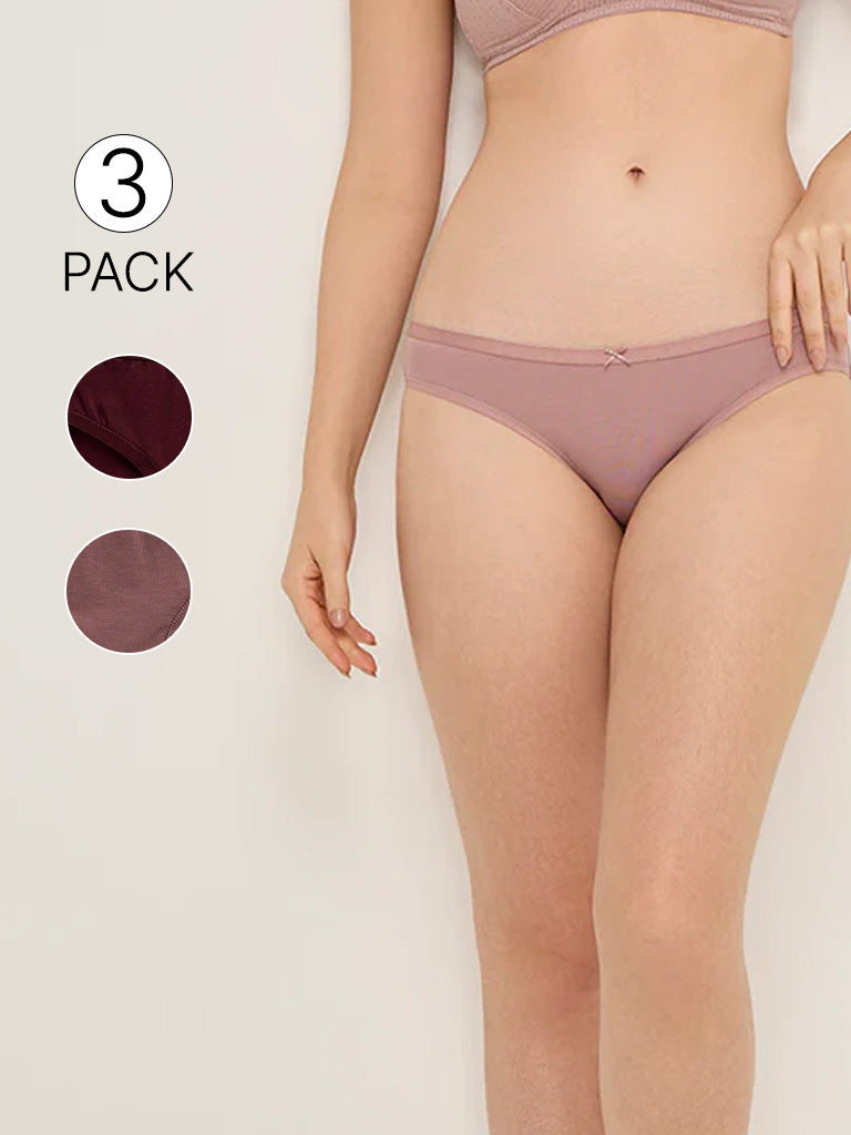 Wunderlove Burgundy Bikini Cotton-Blend Briefs - Pack of 3