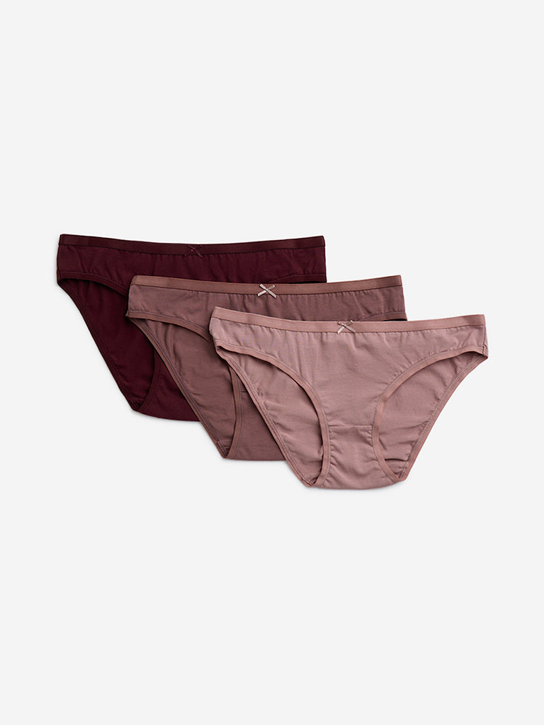 Wunderlove Burgundy Bikini Cotton-Blend Briefs - Pack of 3