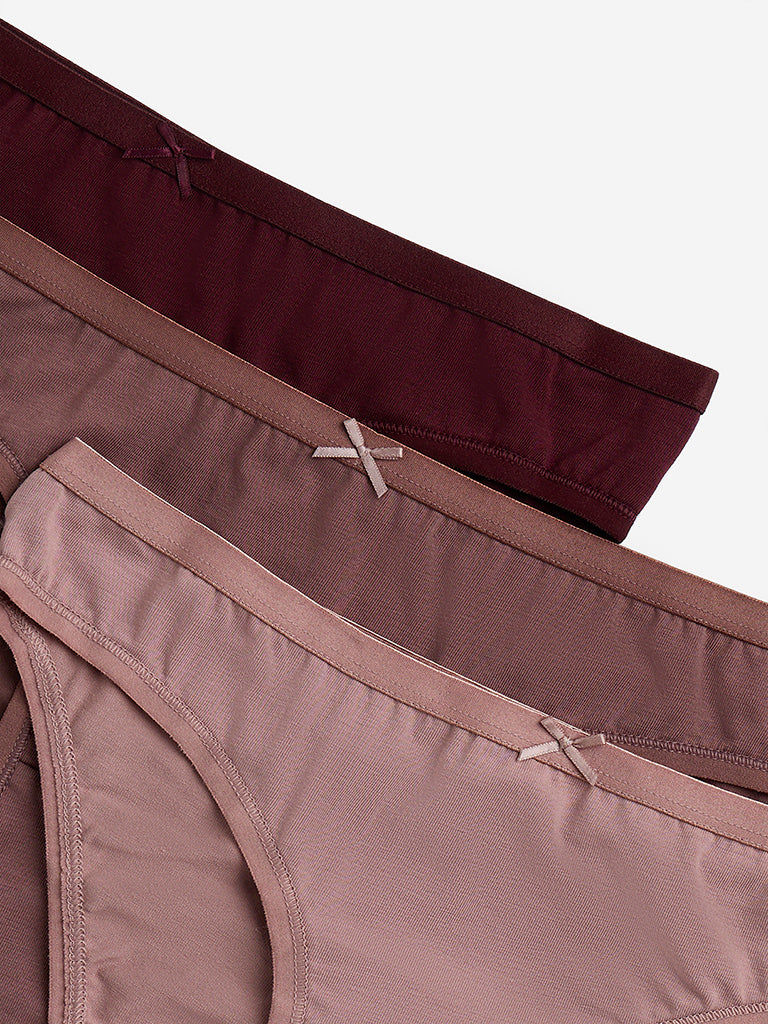 Wunderlove Burgundy Bikini Cotton-Blend Briefs - Pack of 3