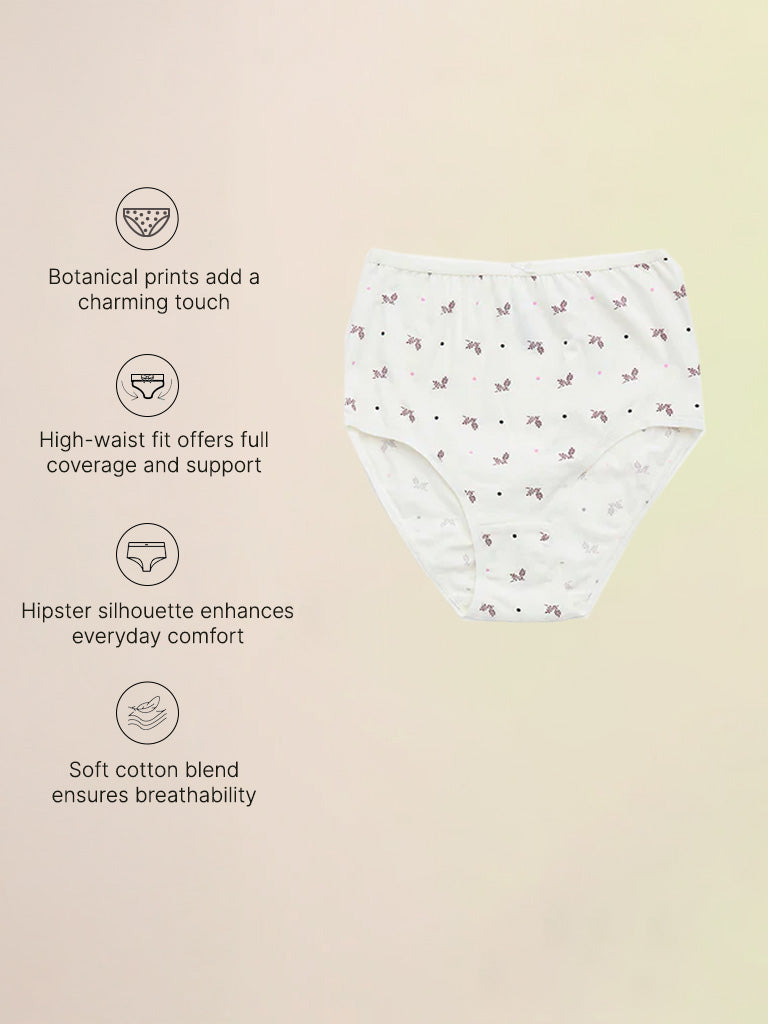 Wunderlove Ivory Floral Printed Cotton Blend Full Briefs - Pack of 3