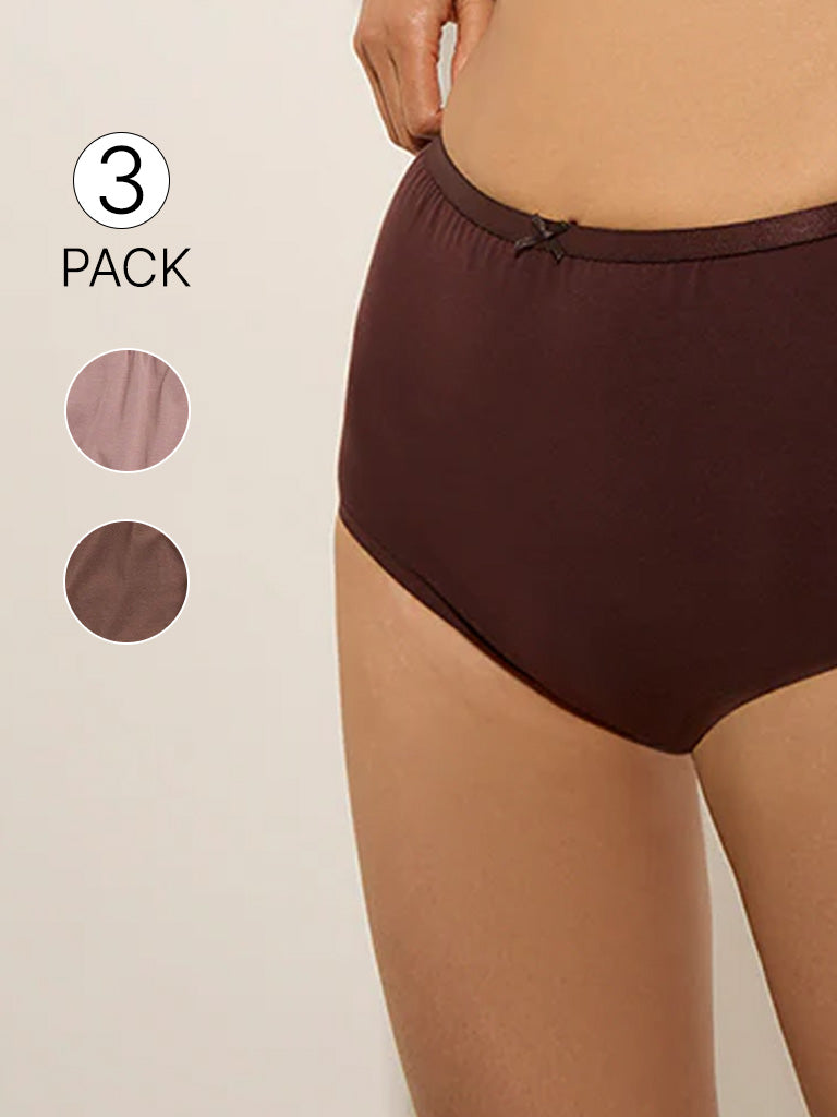 Wunderlove Brown Solid Cotton-Blend Full Briefs - Pack of 3