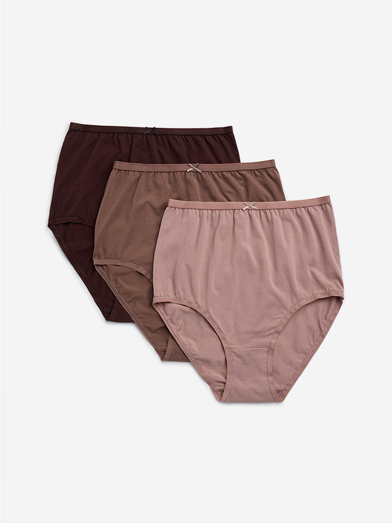 Wunderlove Brown Solid Cotton-Blend Full Briefs - Pack of 3