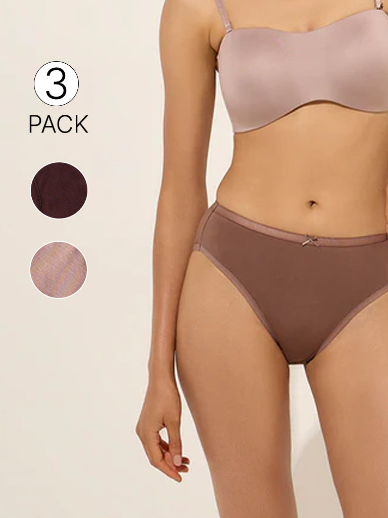 Wunderlove Brown Solid Cotton-Blend Briefs - Pack of 3