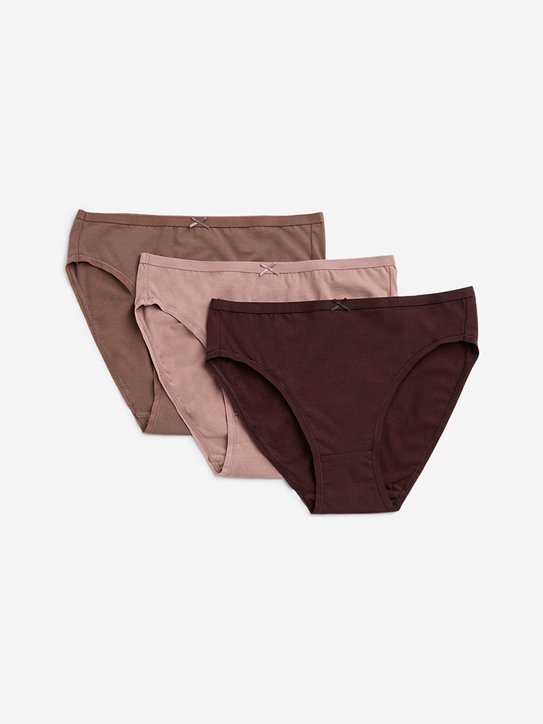 Wunderlove Brown Solid Cotton-Blend Briefs - Pack of 3