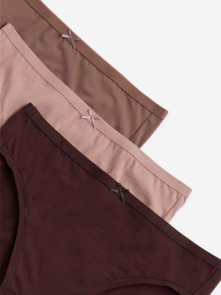 Wunderlove Brown Solid Cotton-Blend Briefs - Pack of 3