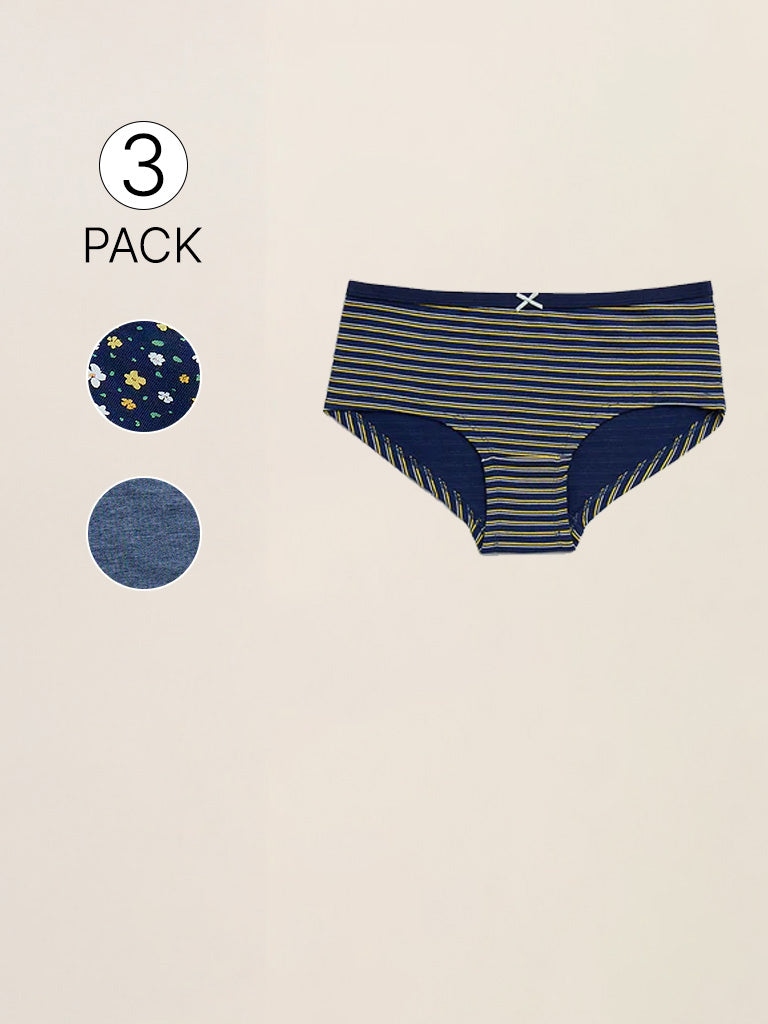 Wunderlove Navy Striped Cotton-Blend Briefs - Pack of 3