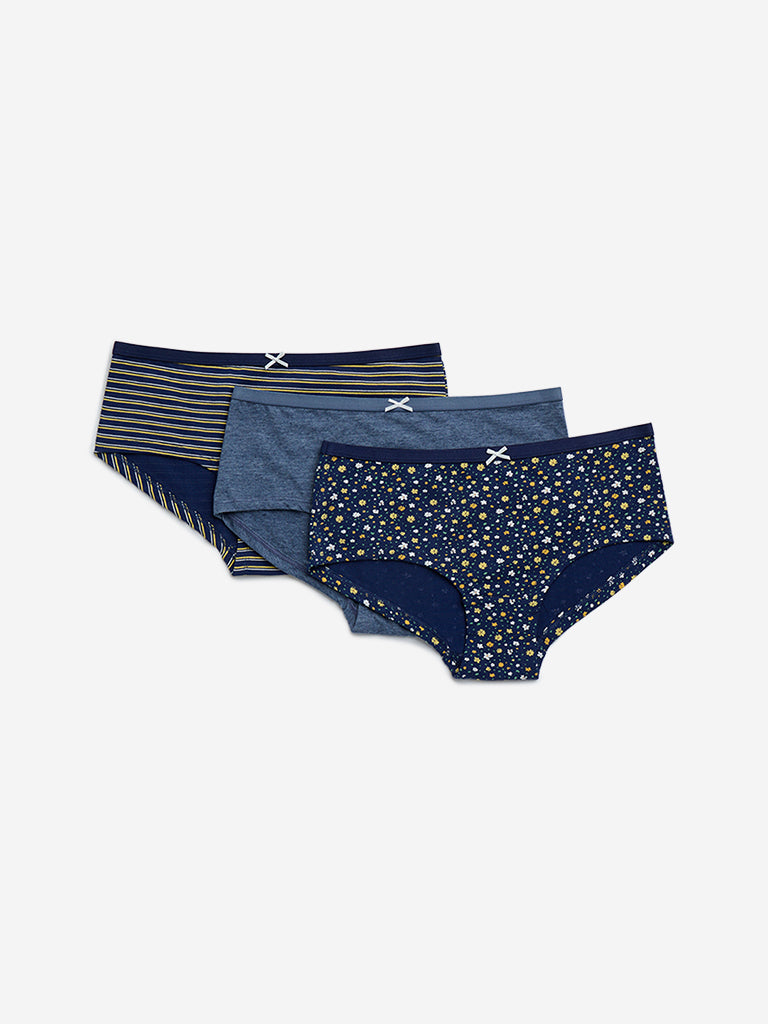 Wunderlove Navy Striped Cotton-Blend Briefs - Pack of 3