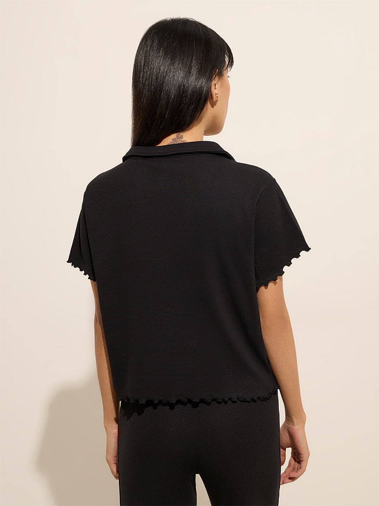 Westside Superstar Women's Black Ribbed Cotton Shirt for Casual Wear Casual Wear Back View