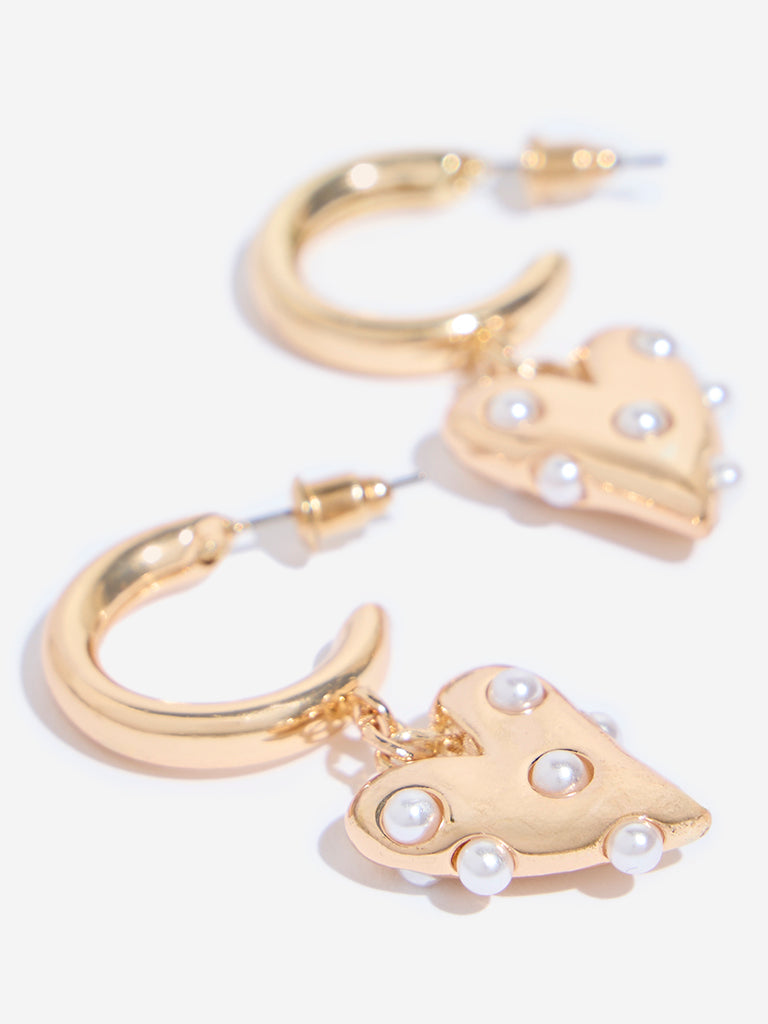 Westside Accessories Gold Heart Shape Drop Hoop Earrings