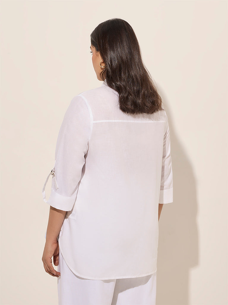 Westside Gia Women's White Floral Embroidered High-Low Cotton Shirt for Casual Wear Back View