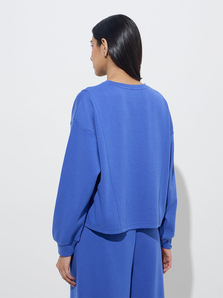 Westside LOV Women's Blue Solid Cotton-Blend Sweatshirt for Winter Wear Back View