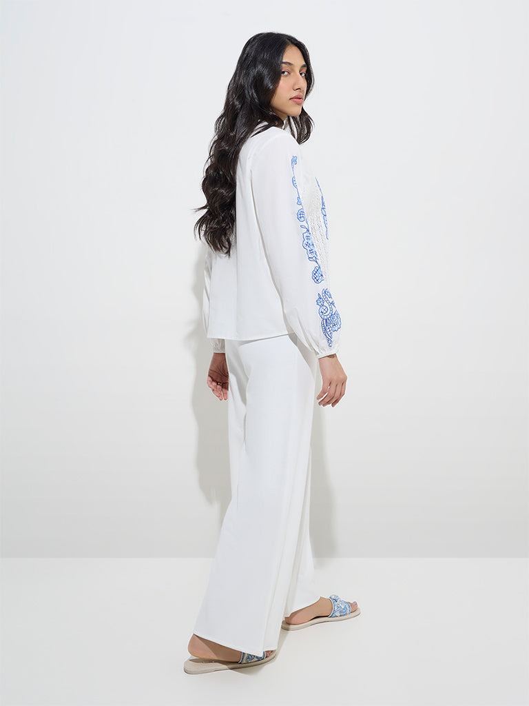 Westside LOV Women's White Wide-Leg High-Rise Trousers for Casual Wear Back View