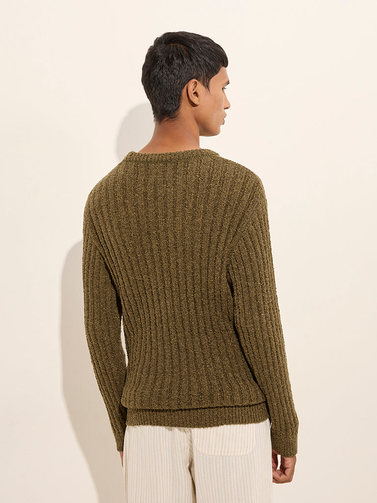 Westside ETA Men's Olive Ribbed Textured Relaxed-Fit Sweater for Winter Wear Back View