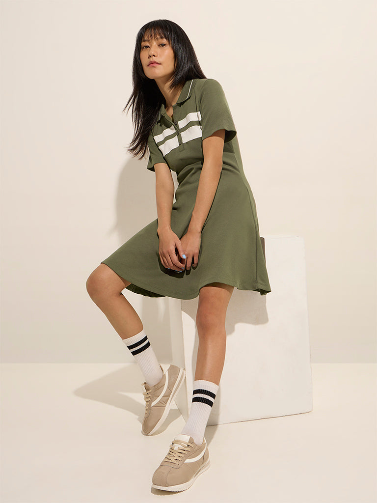 Studiofit Olive Ribbed A-Line Skater Cotton-Blend Dress