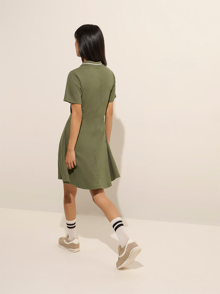 Studiofit Olive Ribbed A-Line Skater Cotton-Blend Dress