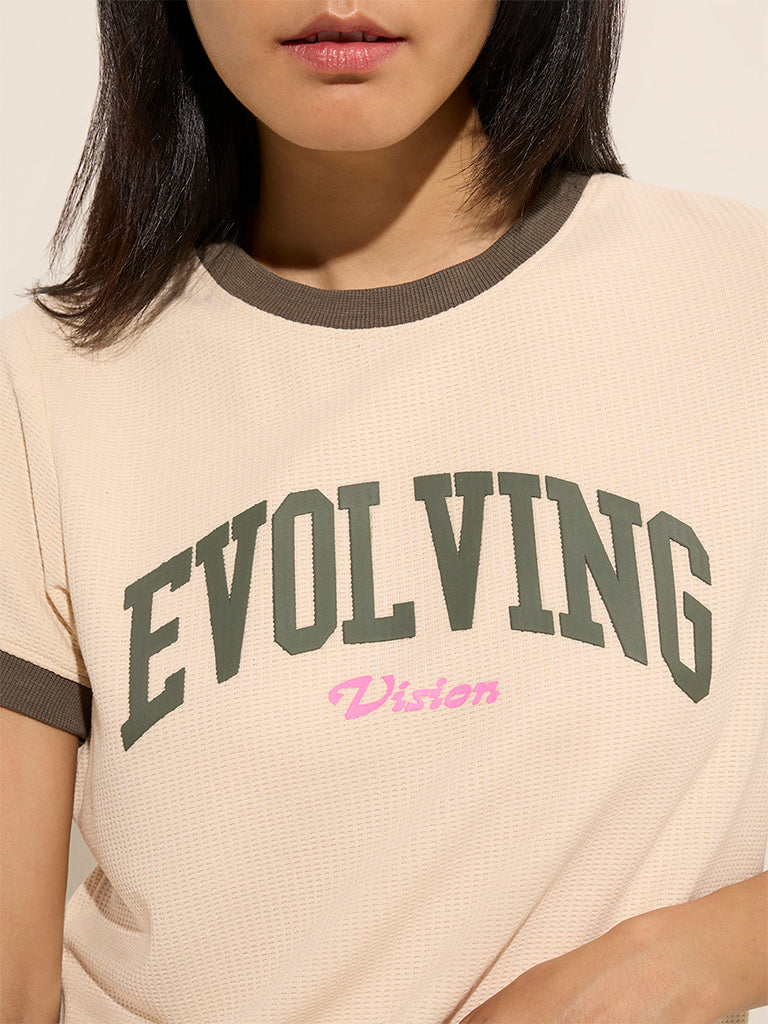 Studiofit Beige Text Printed Waffle-Textured T-Shirt