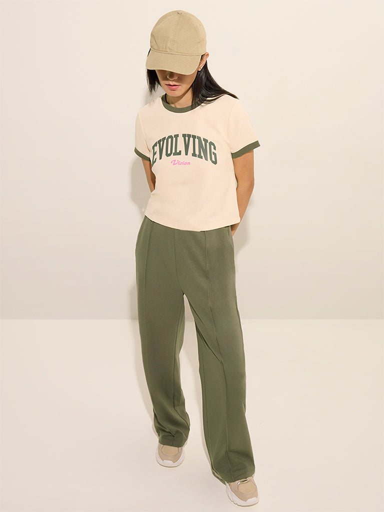 Studiofit Beige Text Printed Waffle-Textured T-Shirt