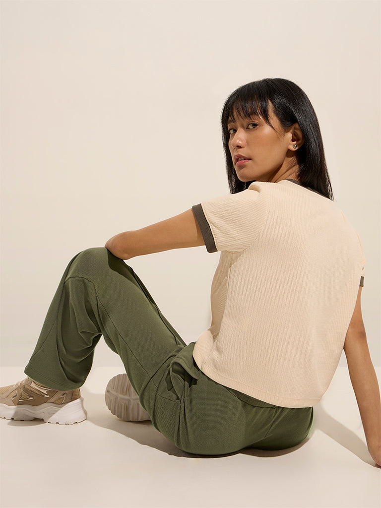Studiofit Beige Text Printed Waffle-Textured T-Shirt