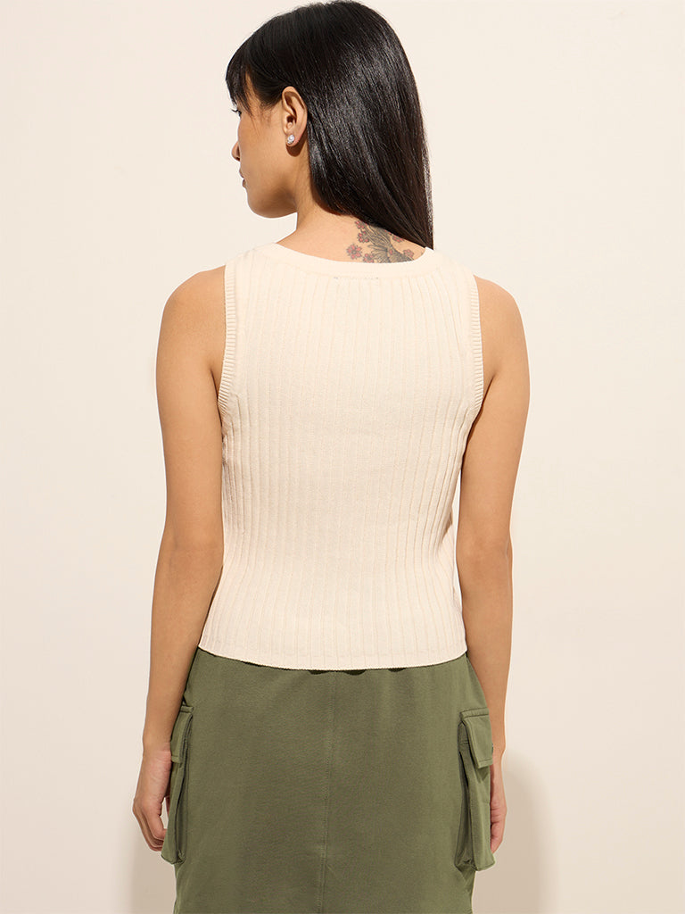 Westside Studiofit Women's Beige Ribbed Cotton Tank Top for Sports Wear Back View