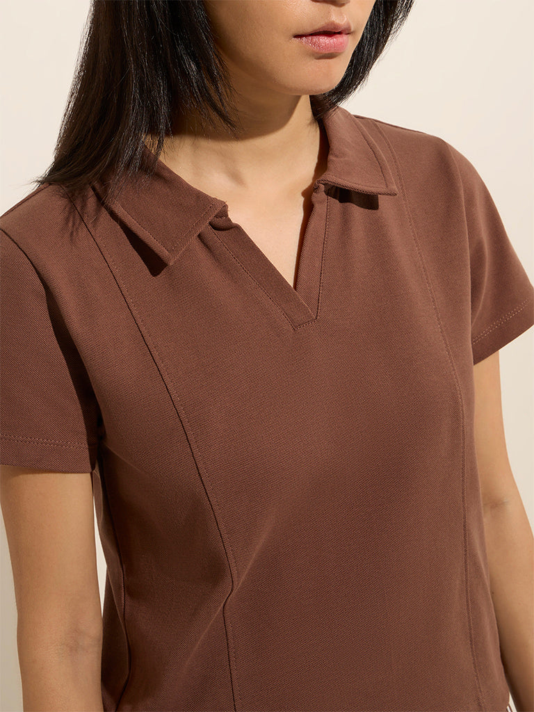Studiofit Brown Solid Cotton T-Shirt