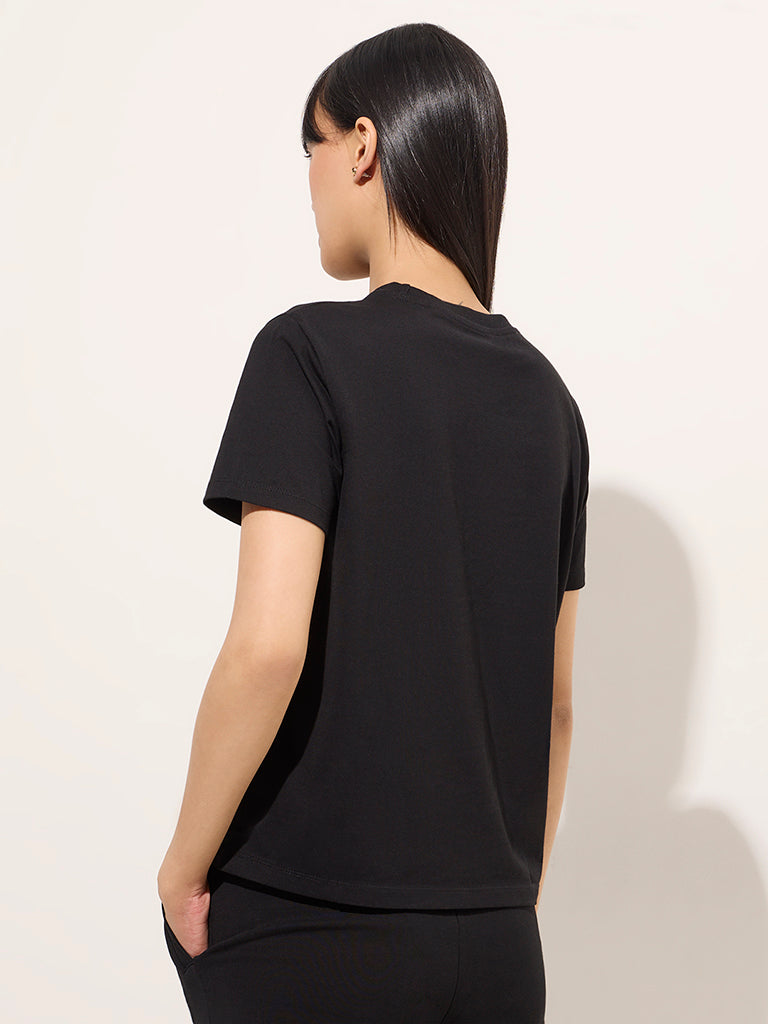 Westside Studiofit Women's Black Text Design Cotton T-Shirt for Sports Wear Sports Wear Back View