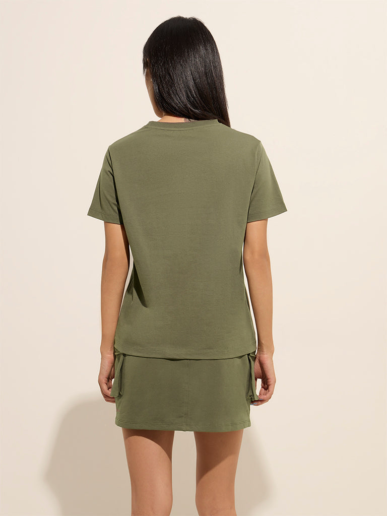 Westside Studiofit Women's Olive Printed Cotton T-Shirt for Sports Wear Sports Wear Back View