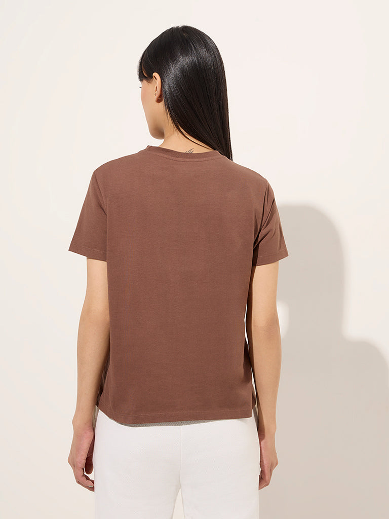 Westside Studiofit Women's Brown Cityscape-Inspired Cotton T-Shirt for Sports Wear Sports Wear Back View
