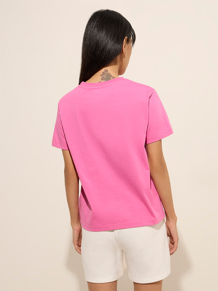 Studiofit Pink Printed Cotton T-Shirt